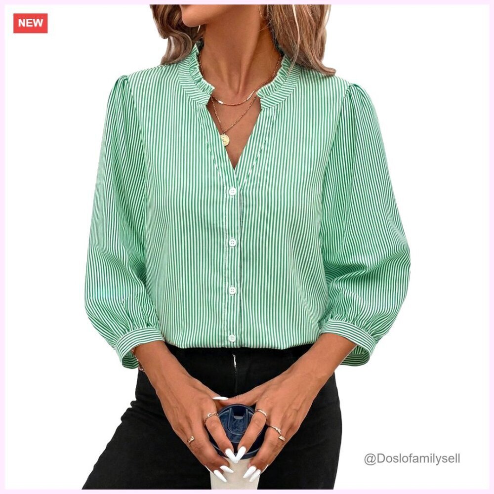 Womens 3/4 Sleeve Ruffle V-Neck Button Down Blouse Business Casual Top
